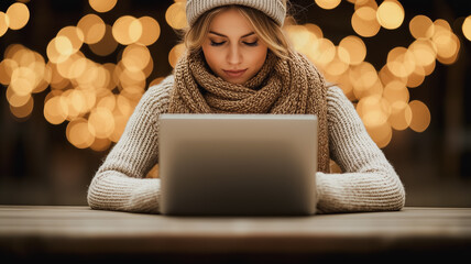 Poster - A woman is sitting at a table with a laptop in front of her. She is wearing a hat and a scarf