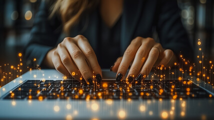 Wall Mural - A woman is typing on a laptop with a keyboard that has a lot of glowing lines