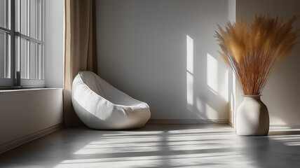 Poster - A white chair sits in front of a window, with a vase of dried flowers on a table in the room. The room is empty and has a minimalist feel, with the chair and vase being the only decorative elements