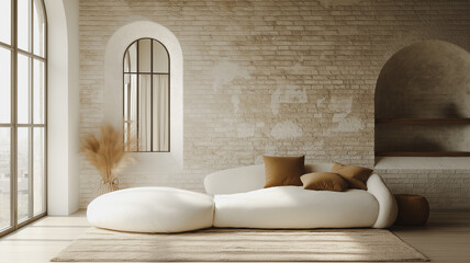 Poster - A white couch with brown pillows sits in front of a window. The room is very spacious and has a modern, minimalist design