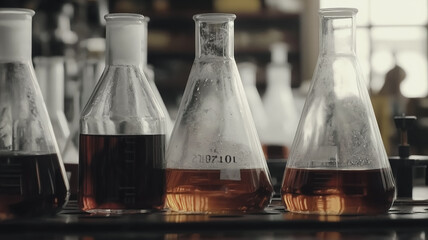 Poster - Four glass beakers with different colored liquids in them. The beakers are arranged in a row, with the first one on the left and the last one on the right