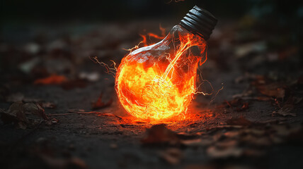 Poster - A glowing light bulb is surrounded by fire. Concept of danger and destruction, as the fire is consuming the bulb