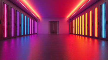 Poster - A long hallway with neon lights and a door in the middle