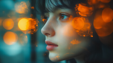 Poster - A woman with a red lip is looking out of a window. The window is surrounded by a blurry background, giving the impression of a dreamy or surreal atmosphere