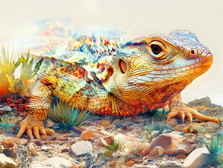 Aufkleber - A vibrant, artistic depiction of a lizard in a colorful, surreal landscape.