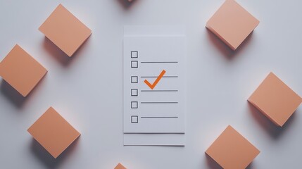 Concept of Goal, Checklist with a Checked Box and Orange Cubes, White Background, Flat Lay