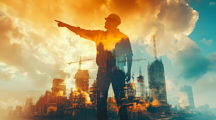 Poster - A silhouetted construction worker points towards a skyline with cranes against a dramatic sunset.
