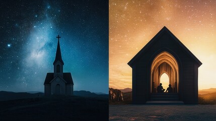 Wall Mural - serene night sky over a silhouette of a church and a cozy chapel with a warm glow