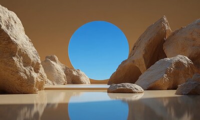 Poster - Beige Rock and Water Landscape Display with Blue Sky for Product Promotion