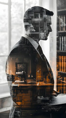 Poster - A silhouette of a man in a suit, overlaid with an artistic cityscape and library background.