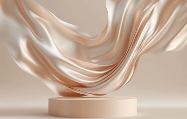 Poster - 3D Display Stand with Flowing Beige Silk Fabric on Minimalist Podium and Smooth Neutral Background for Luxury Beauty Product Advertisement