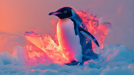Poster - A penguin stands against a vibrant, icy background, illuminated by colorful light.