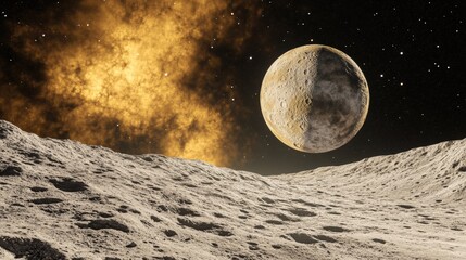 a stunning view of a celestial body above a lunar landscape with a vibrant cosmic background
