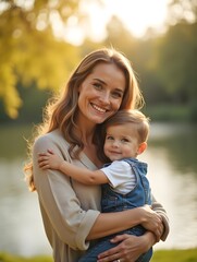 Portrait of happy loving mother hugging her baby son in the sunny park near river