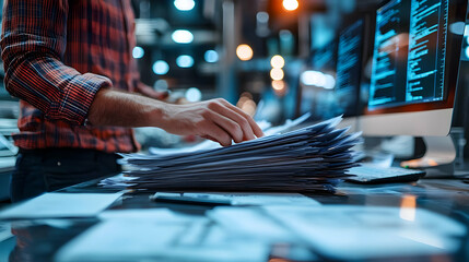 Poster - A person sorting through paperwork in a modern office environment with computer screens.