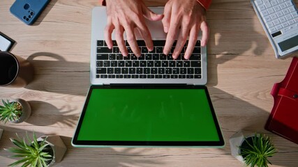 Wall Mural - Hands typing report mockup laptop in corporate workspace closeup top view. 