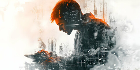 Poster - A contemplative figure immersed in a digital landscape, blending human emotion with technology.