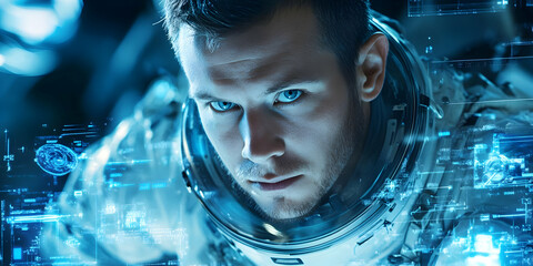 Poster - A close-up of an astronaut with a futuristic digital interface overlay.