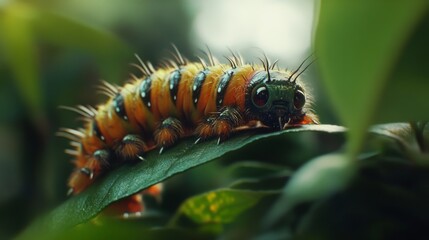 Aufkleber - Colorful Close-Up of a Striking Caterpillar on Green Leaf