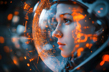 Poster - A futuristic astronaut's face with digital overlays and glowing effects.
