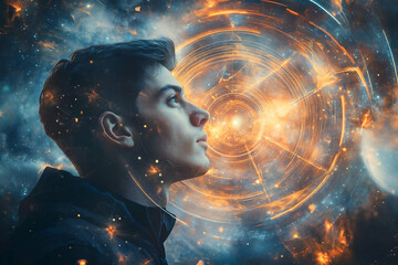 Poster - A contemplative young man gazes into a cosmic scene filled with stars and swirling galaxies.