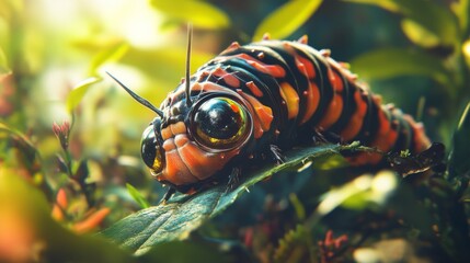 Poster - Colorful Caterpillar on Leaf Surrounded by Vibrant Green Foliage