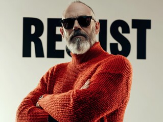 confident man in stylish sweater with sunglasses against a bold message