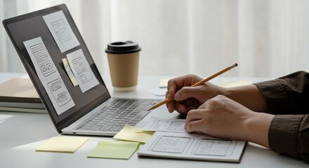 Person drawing website wireframe sketches with pencil on notebook near laptop and sticky notes