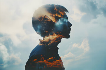Poster - A silhouette of a person blended with vibrant clouds, symbolizing introspection and imagination.