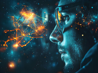 Aufkleber - A futuristic portrait of a person with glasses, surrounded by cosmic elements and connections.