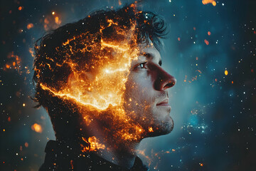 Poster - A surreal portrait blending a man's profile with cosmic elements and fiery textures.