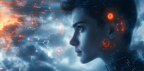 Poster - A futuristic portrait of a young person with digital elements and a dramatic sky.
