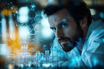Poster - A focused scientist in a lab, exploring molecular structures and research.