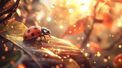 Poster - Close-up of a Ladybug Among Leaves in Sparkling Natural Light