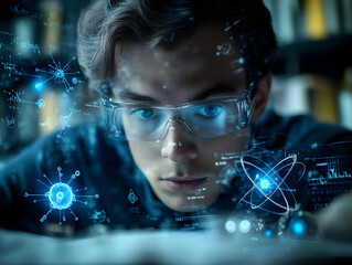 Poster - A focused young man in glasses surrounded by digital scientific elements and data visualizations.