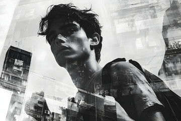 Poster - A monochrome portrait of a young man with an urban backdrop, conveying introspection and depth.