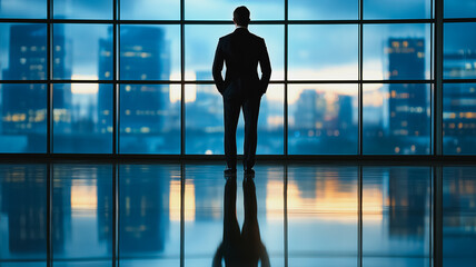 Wall Mural - A man in a suit stands in front of a window looking out at the city. Concept of loneliness and contemplation, as the man is lost in thought