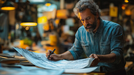 Poster - A man is writing on a piece of paper with a pen. He is wearing a blue shirt and has a beard. Concept of focus and concentration as the man writes
