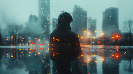 Poster - A man is standing in the rain in front of a city skyline. The city is lit up with lights, creating a moody atmosphere