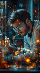 Poster - A scientist in a lab, focused on an experiment with glowing elements around him.