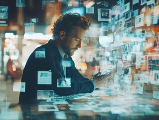 Poster - A man interacts with digital images in a futuristic setting, exploring technology and creativity.