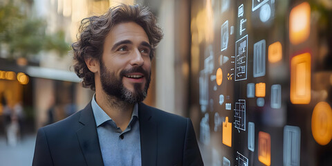 Aufkleber - A man in a suit smiles while standing near a digital display with various icons.
