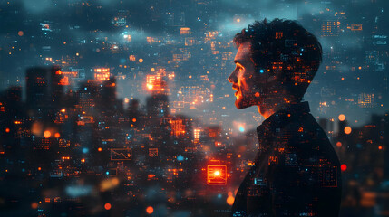 Aufkleber - A contemplative figure against a backdrop of digital data and cityscape.