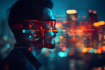 Aufkleber - A digital portrait blending a person's profile with abstract data visuals.