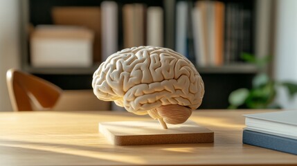 Poster - Realistic 3D Model of Human Brain Displayed on Wooden Base