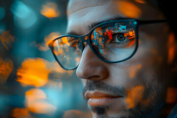 Poster - A close-up portrait of a man with glasses reflecting colorful lights.