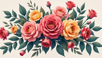 Canvas Print - Colorful floral bouquet illustration with pink, yellow, red roses and green leaves