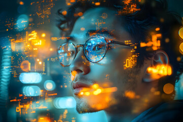 Poster - A contemplative individual surrounded by digital overlays representing technology and data.