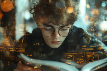 Poster - A focused individual reading, surrounded by digital data and charts.