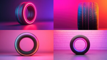 Poster - Futuristic Tire with Neon Highlights in Vector Art